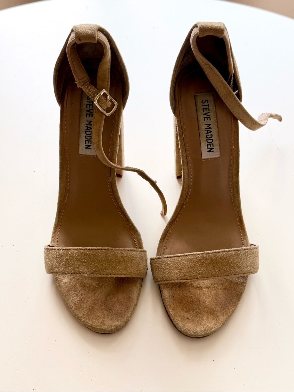 Steve Madden Beige Suede Ankle-Strap Block Heel Sandals